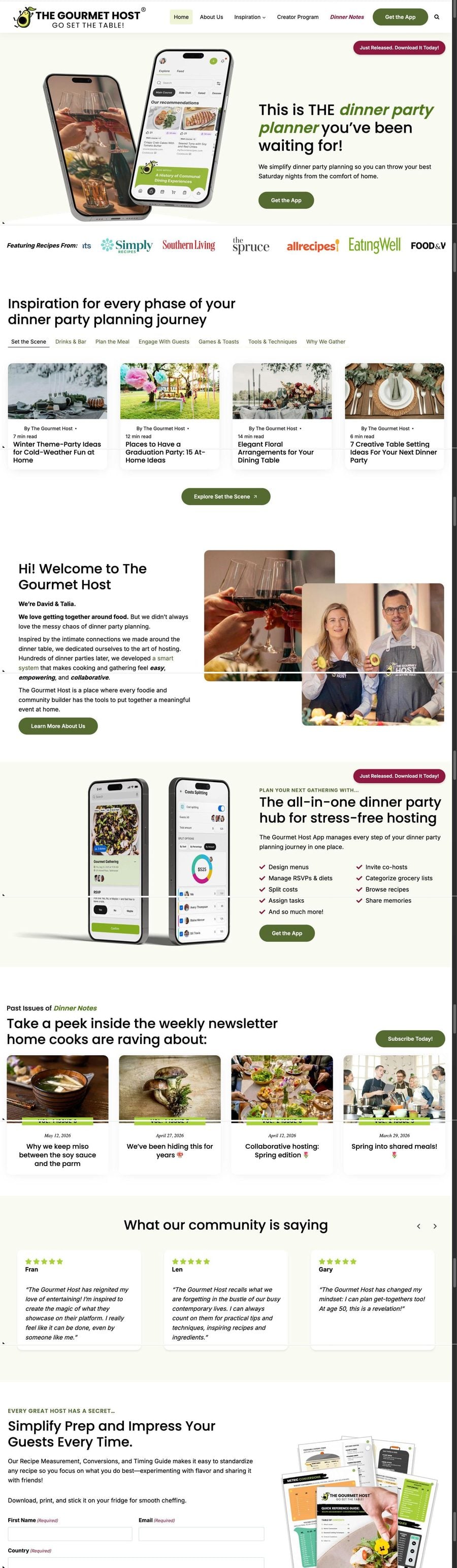 The Gourmet Host homepage, captured from the live site: navigation, app hero and the first row of article cards